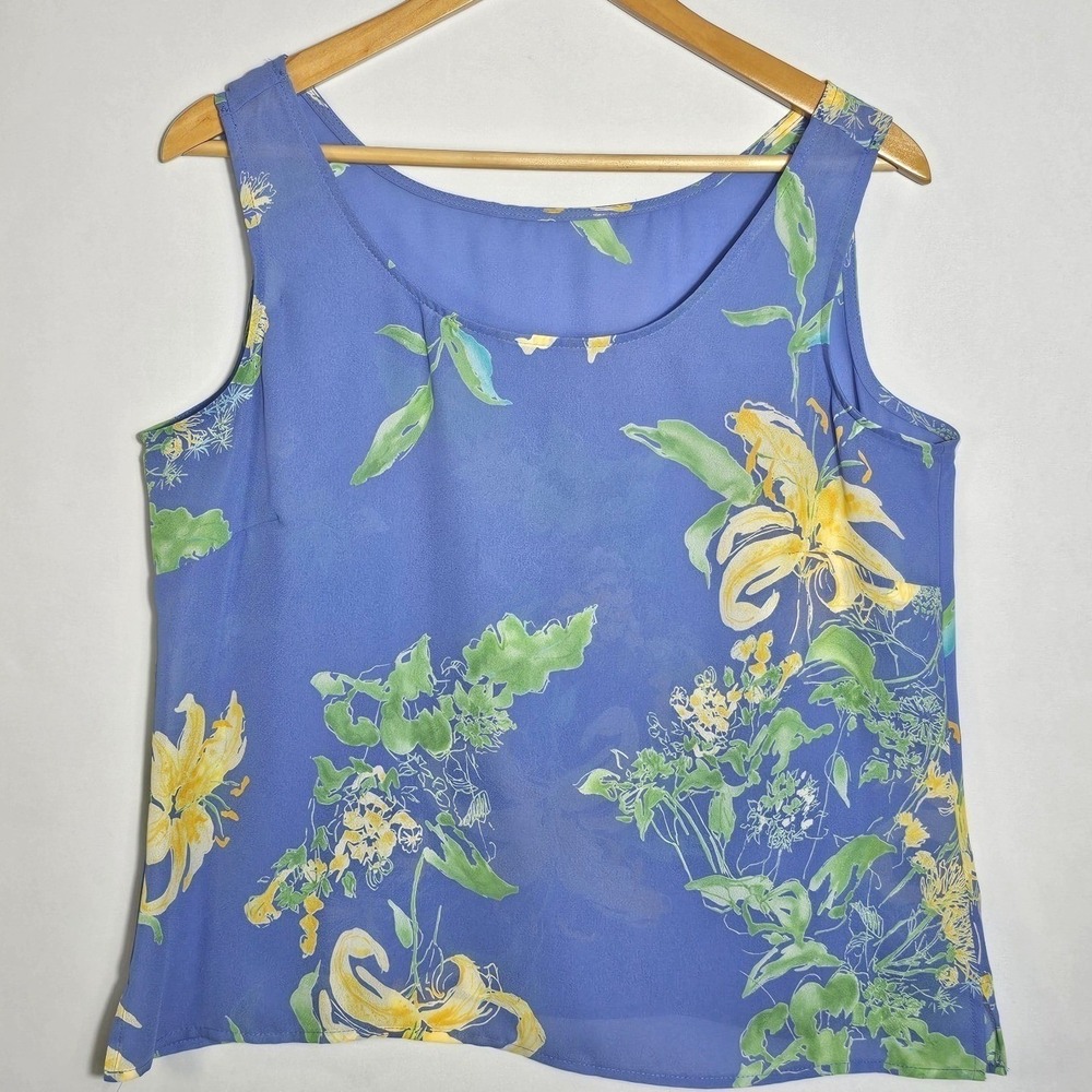 Emma James Liz Clairborne 3PC Skirt Set 14 Blue Floral Chiffon Blouse Tank L - Picture 2 of 16